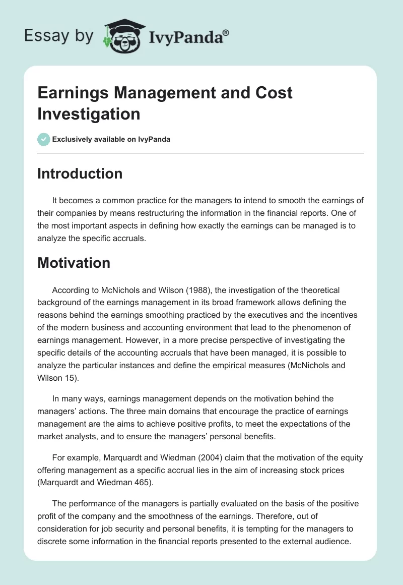Earnings Management and Cost Investigation. Page 1