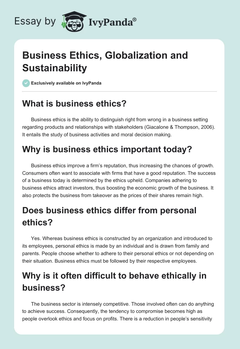 Business Ethics, Globalization and Sustainability. Page 1