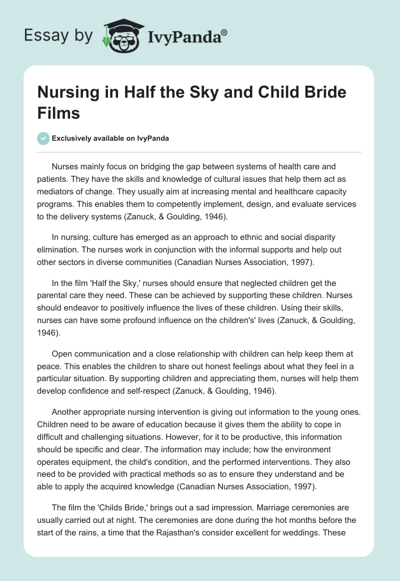 Nursing in "Half the Sky" and "Child Bride" Films. Page 1