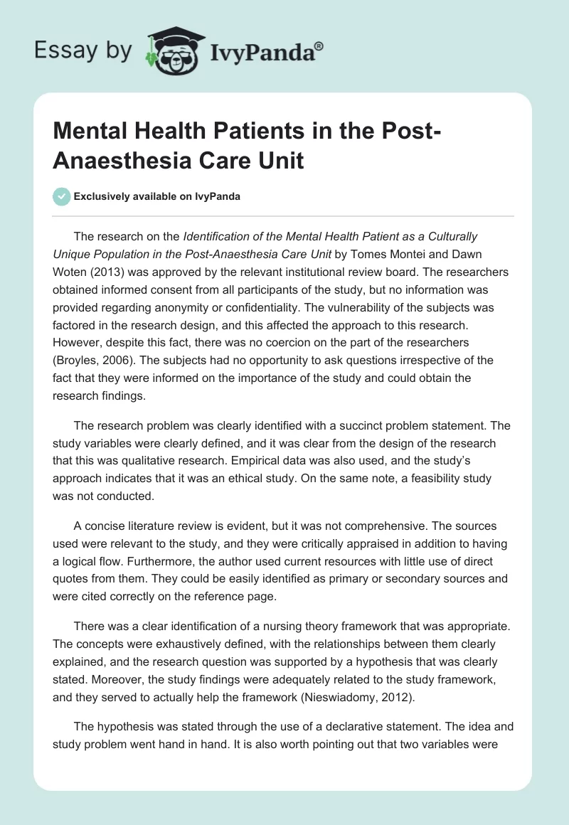 Mental Health Patients in the Post-Anaesthesia Care Unit. Page 1