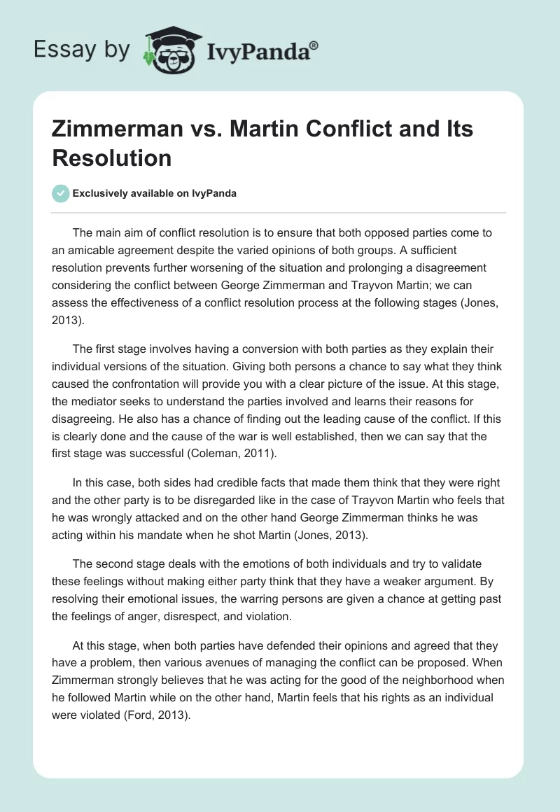 Zimmerman vs. Martin Conflict and Its Resolution. Page 1