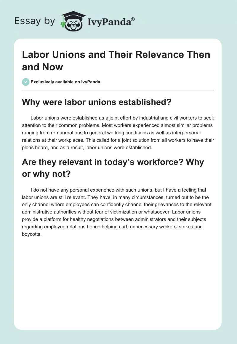 Labor Unions and Their Relevance Then and Now. Page 1