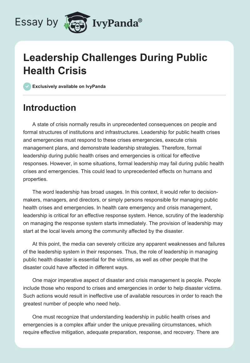 Leadership Challenges During Public Health Crisis. Page 1