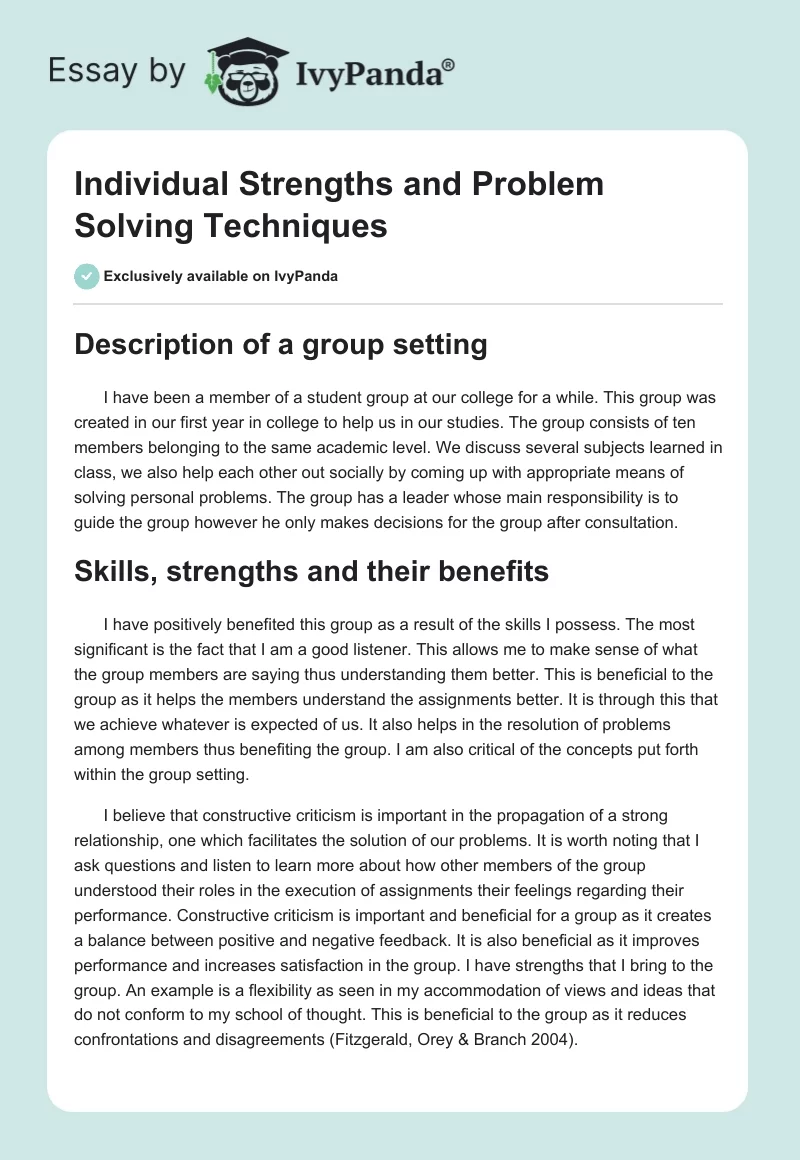 Individual Strengths and Problem Solving Techniques. Page 1