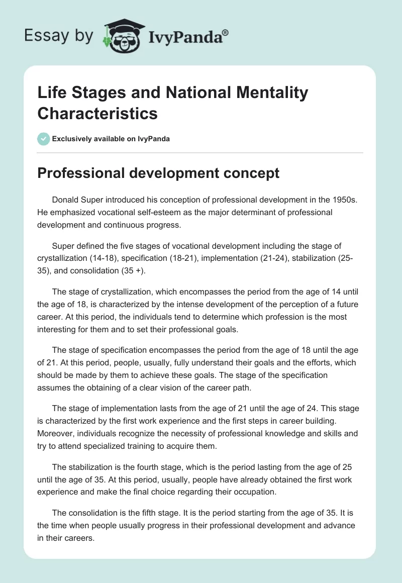Life Stages and National Mentality Characteristics. Page 1