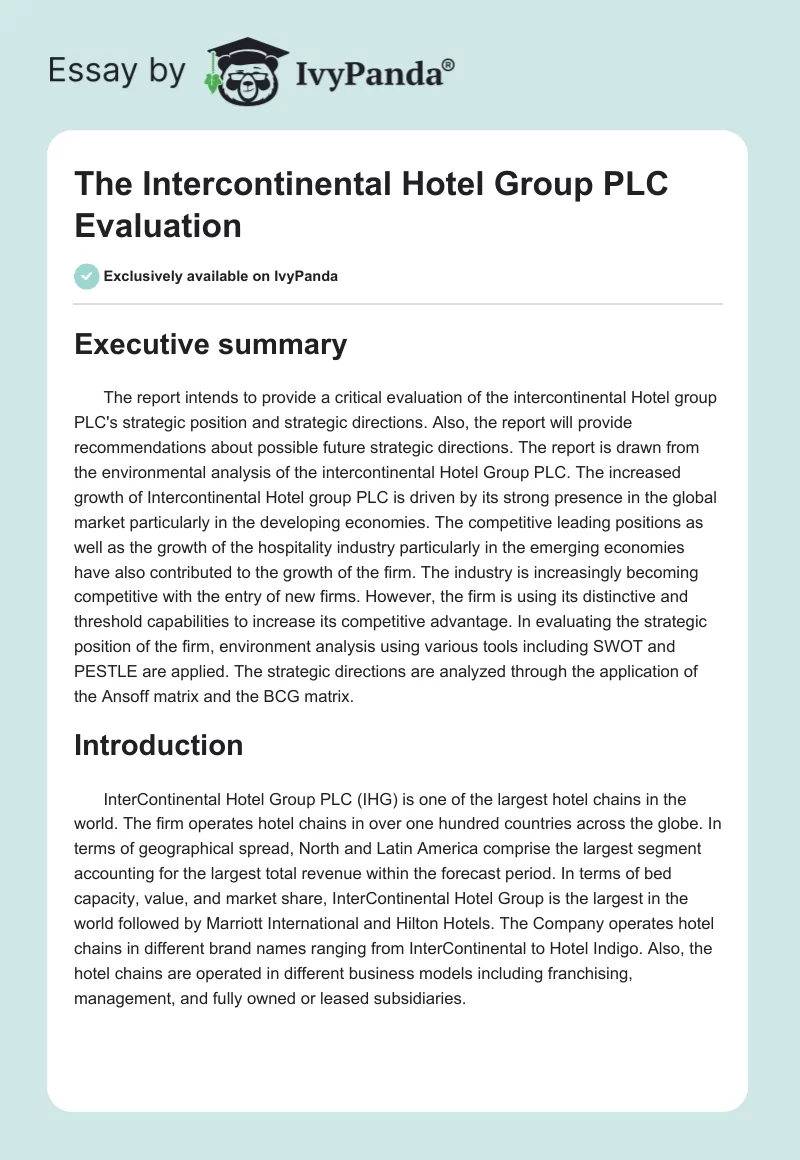 The Intercontinental Hotel Group PLC Evaluation. Page 1