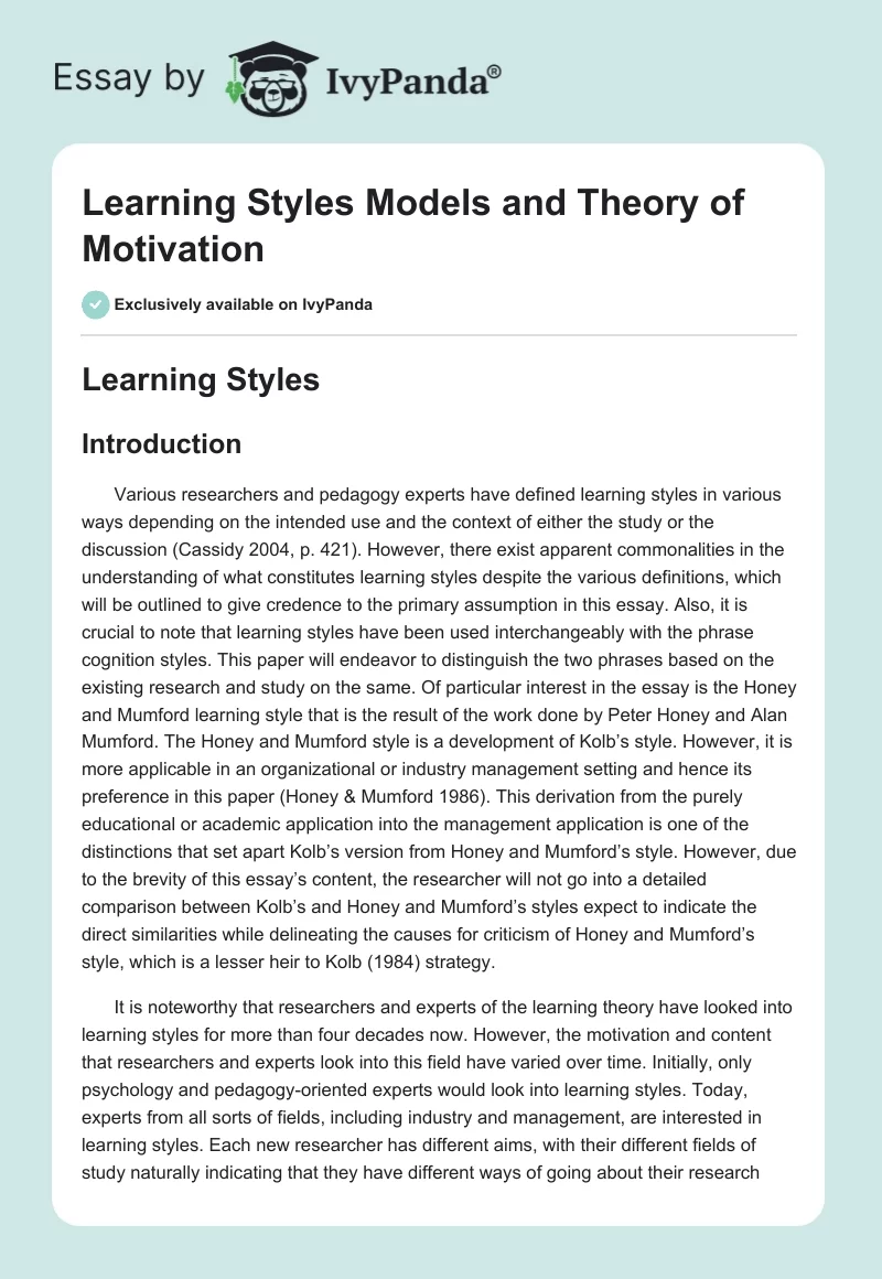 Learning Styles Models and Theory of Motivation. Page 1