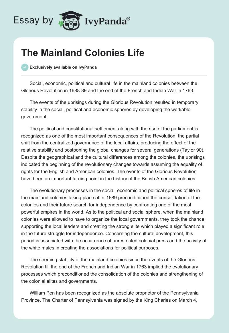 The Mainland Colonies Life. Page 1