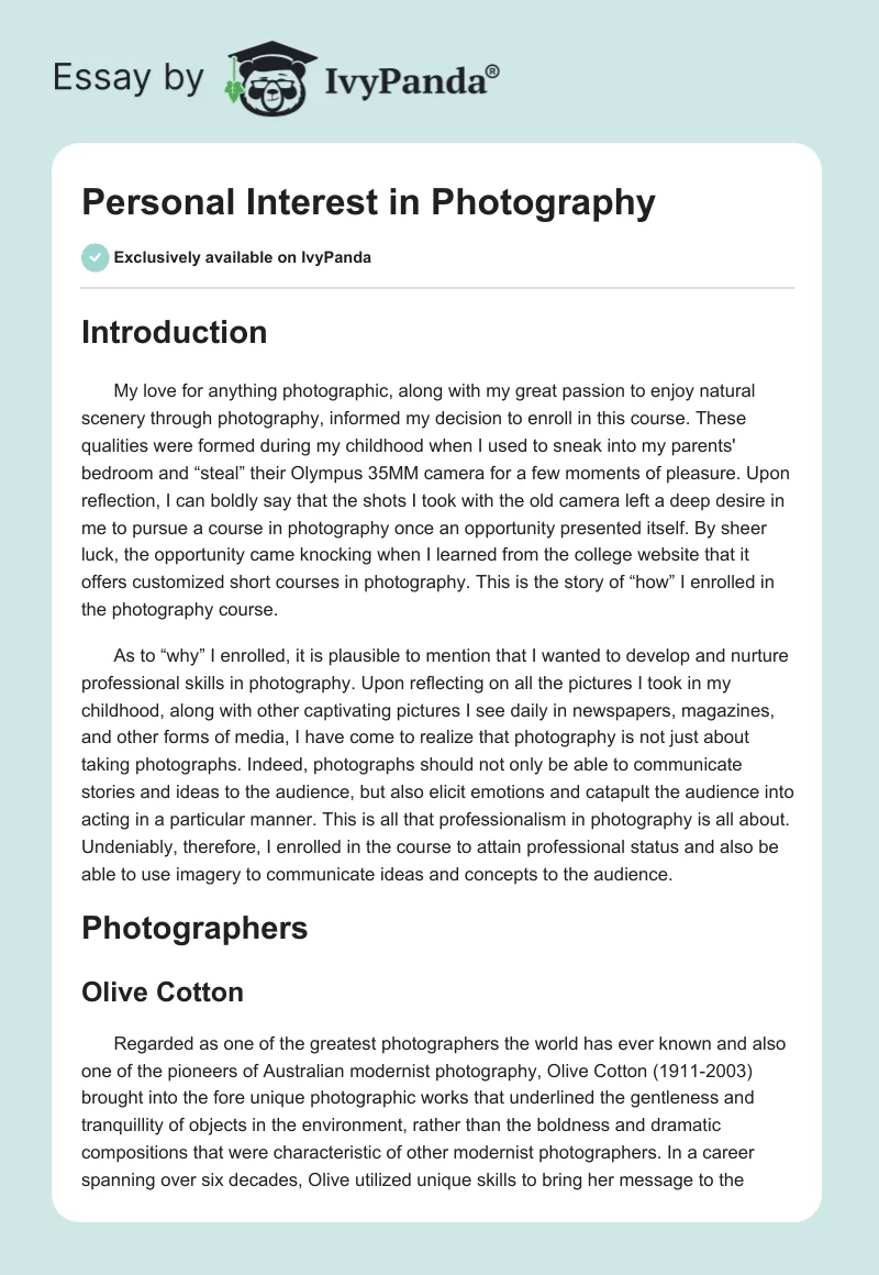 Personal Interest in Photography. Page 1