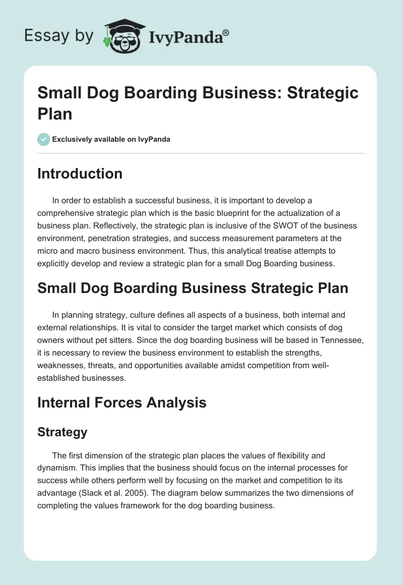 Small Dog Boarding Business: Strategic Plan. Page 1