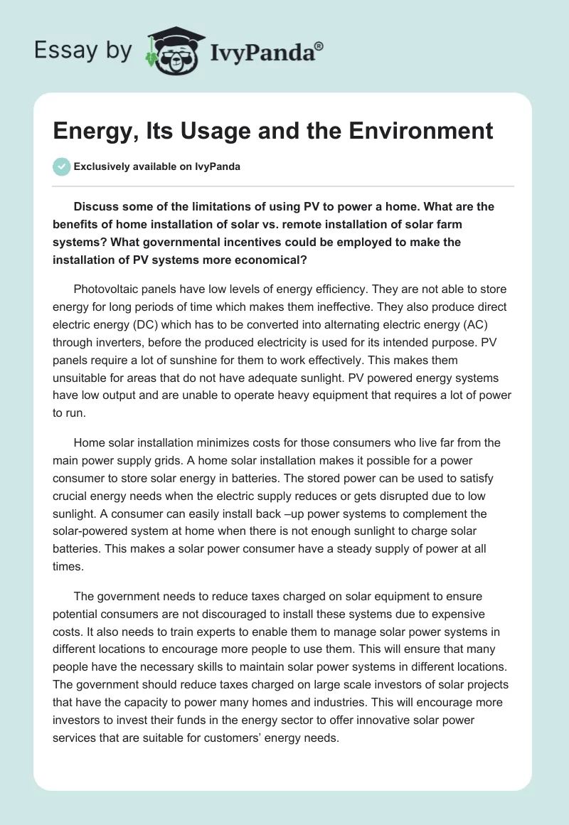 Energy, Its Usage and the Environment. Page 1