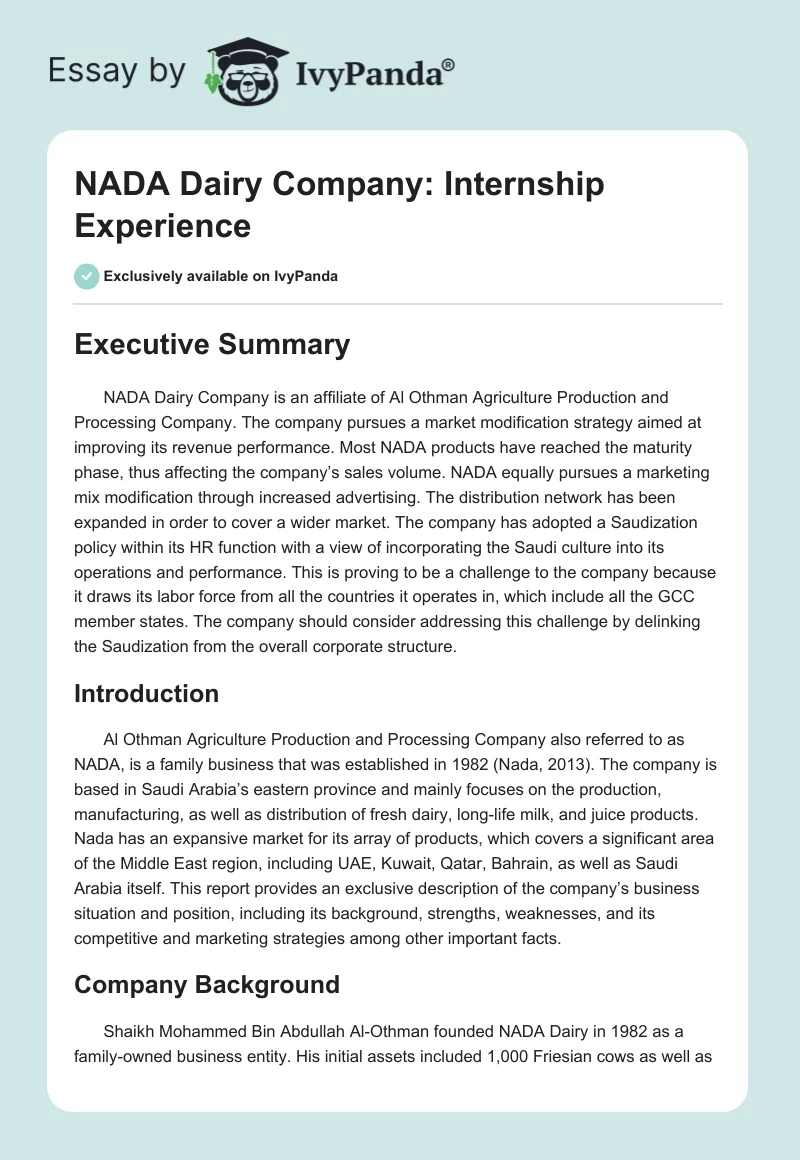 NADA Dairy Company: Internship Experience. Page 1