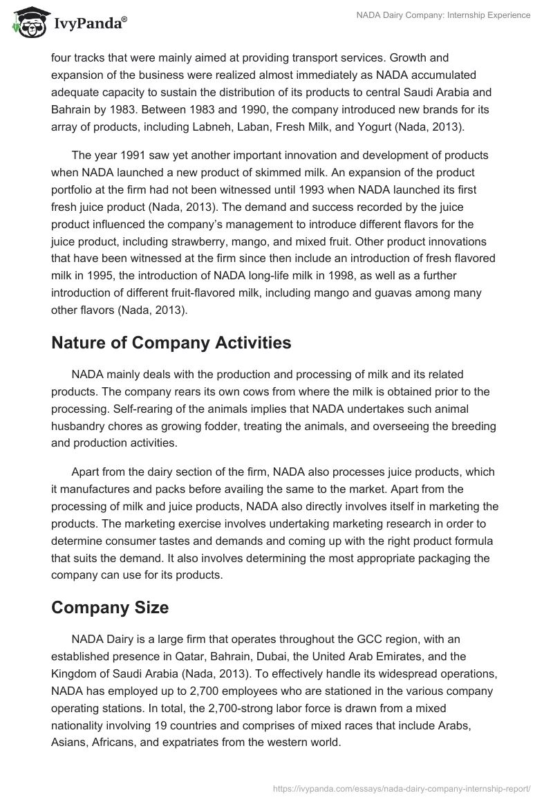 NADA Dairy Company: Internship Experience. Page 2