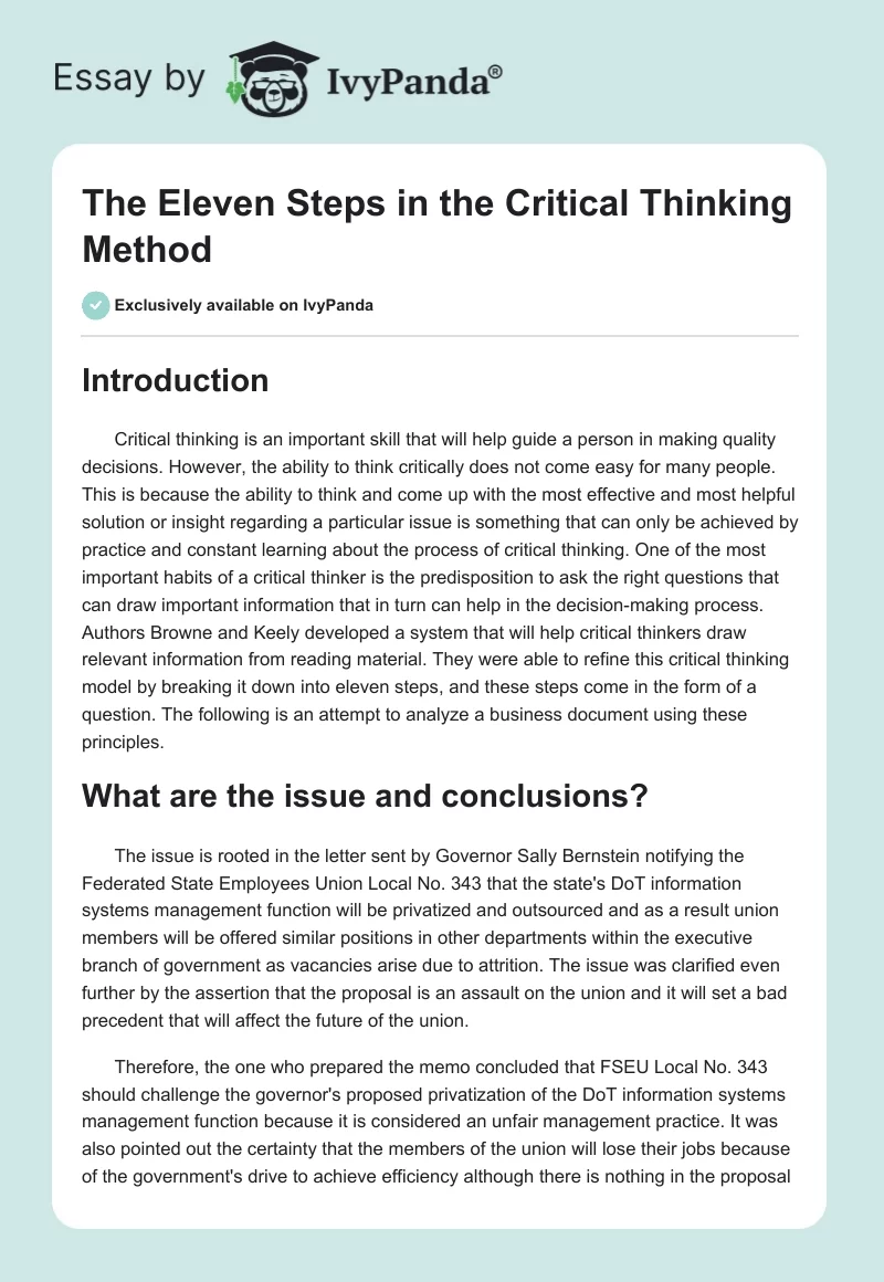 The Eleven Steps in the Critical Thinking Method. Page 1
