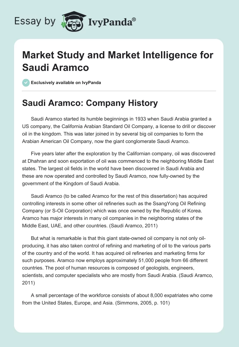 Market Study and Market Intelligence for Saudi Aramco. Page 1