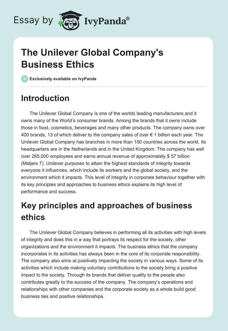 The Unilever Global Company's Business Ethics. Page 1