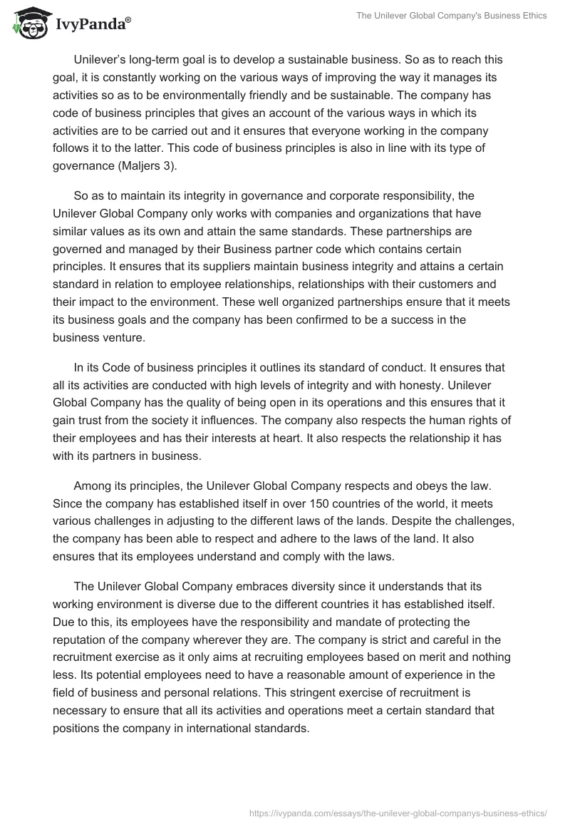 The Unilever Global Company's Business Ethics. Page 2
