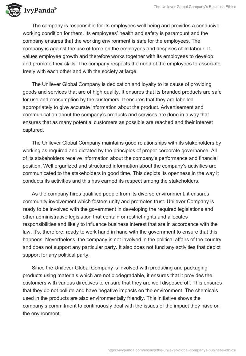 The Unilever Global Company's Business Ethics. Page 3