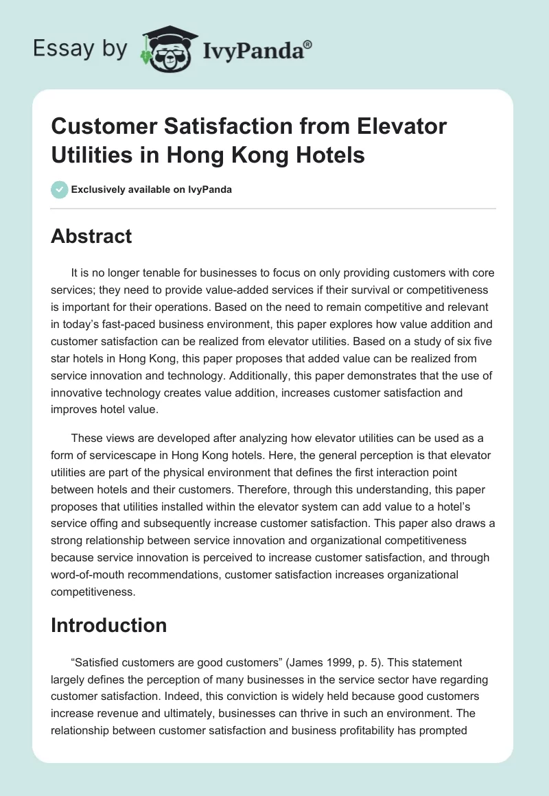 Customer Satisfaction from Elevator Utilities in Hong Kong Hotels. Page 1