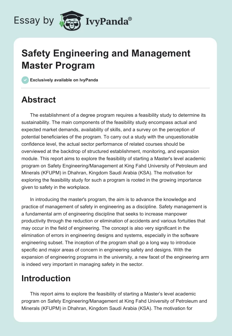 Safety Engineering and Management Master Program. Page 1