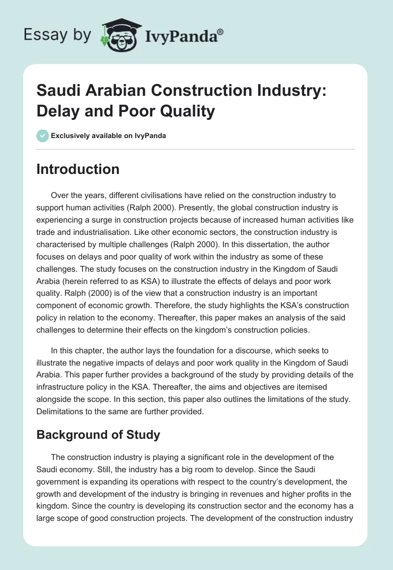 Saudi Arabian Construction Industry: Delay and Poor Quality. Page 1