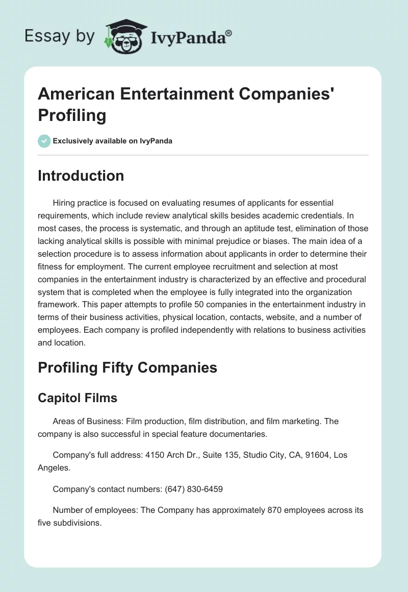 American Entertainment Companies' Profiling. Page 1