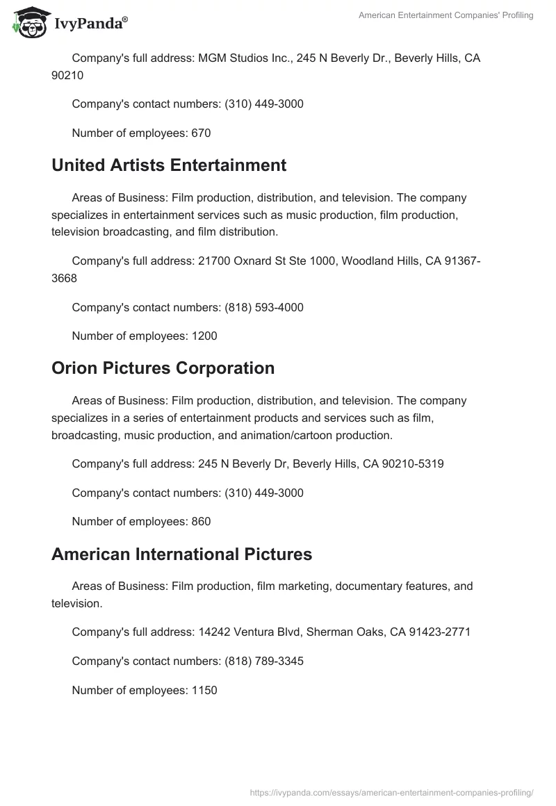 American Entertainment Companies' Profiling. Page 3