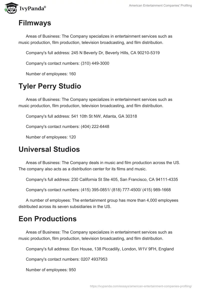 American Entertainment Companies' Profiling. Page 4