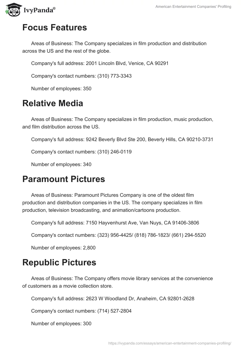 American Entertainment Companies' Profiling. Page 5