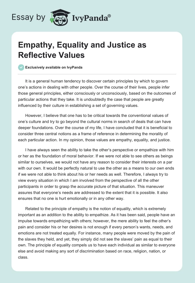 Empathy, Equality and Justice as Reflective Values. Page 1