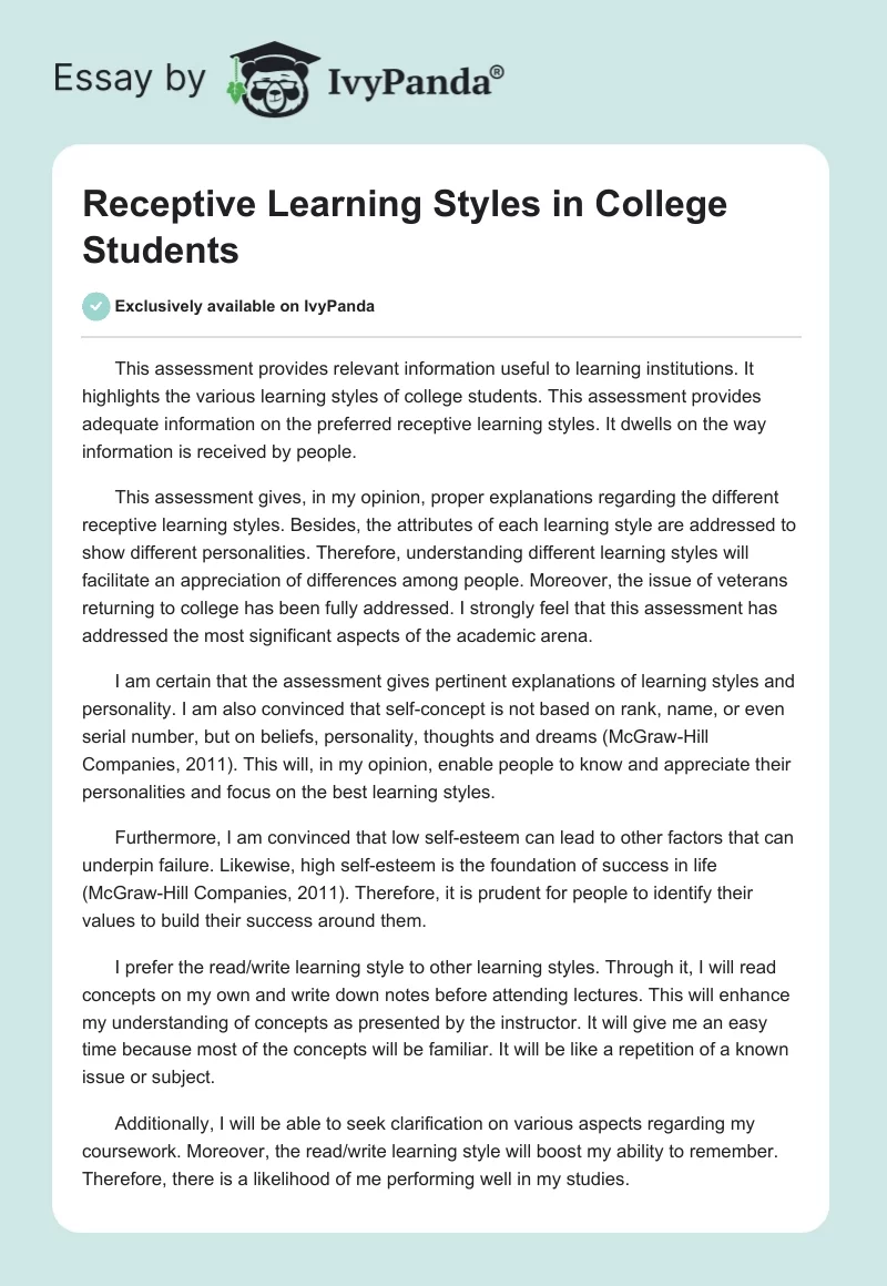 Receptive Learning Styles in College Students. Page 1