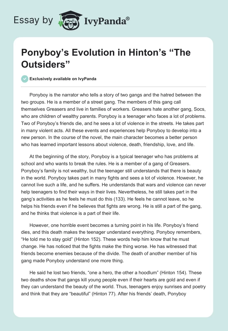 Ponyboy’s Evolution in Hinton’s “The Outsiders”. Page 1