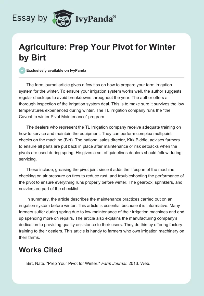 Agriculture: "Prep Your Pivot for Winter" by Birt. Page 1