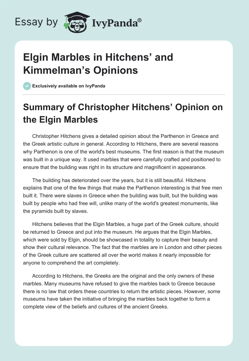 Elgin Marbles in Hitchens’ and Kimmelman’s Opinions. Page 1
