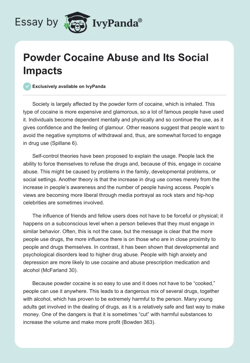 Powder Cocaine Abuse and Its Social Impacts. Page 1