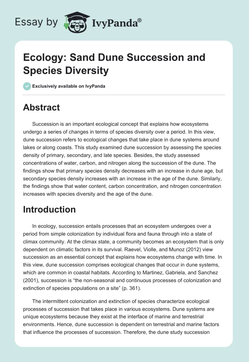 Ecology: Sand Dune Succession and Species Diversity. Page 1