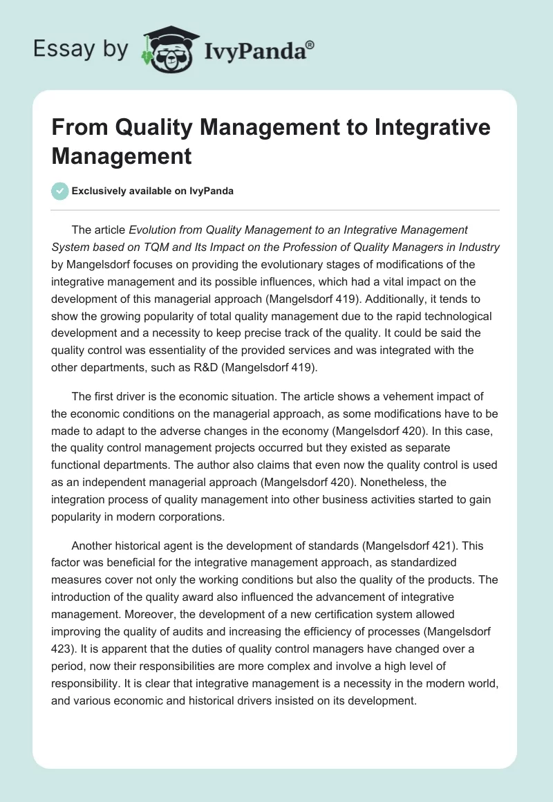From Quality Management to Integrative Management. Page 1