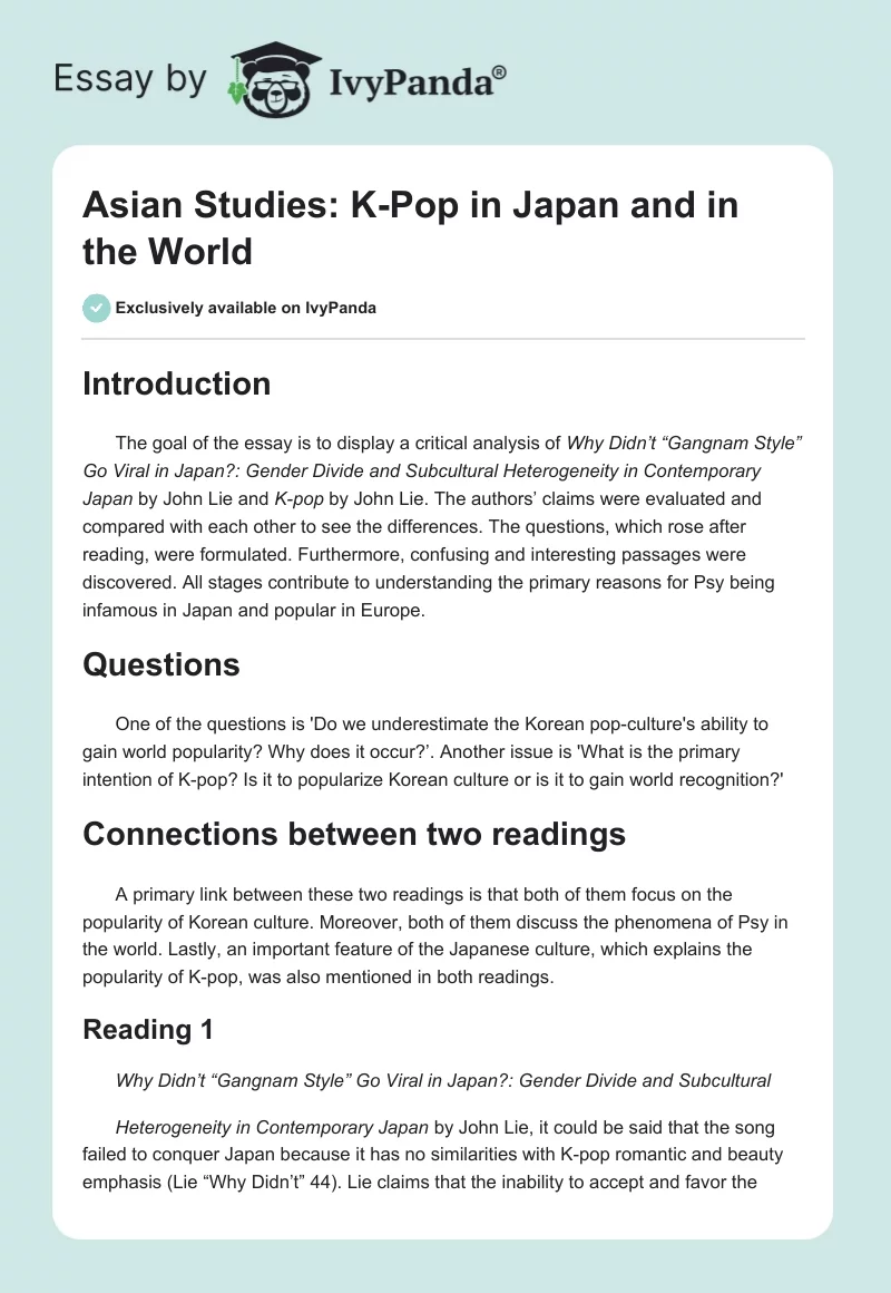 Asian Studies: K-Pop in Japan and in the World. Page 1