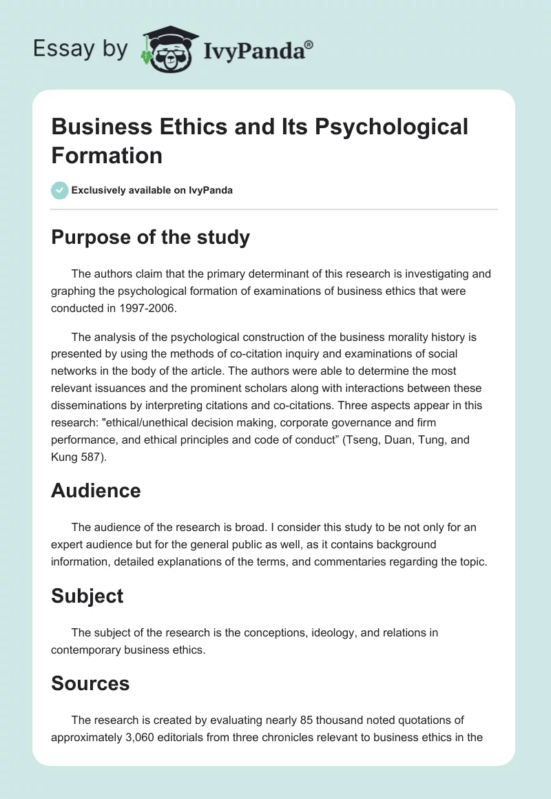 Business Ethics and Its Psychological Formation. Page 1
