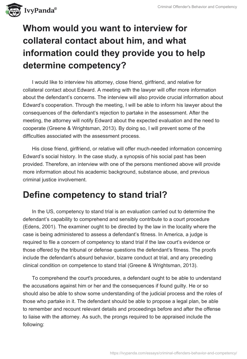 Criminal Offender's Behavior and Competency. Page 2