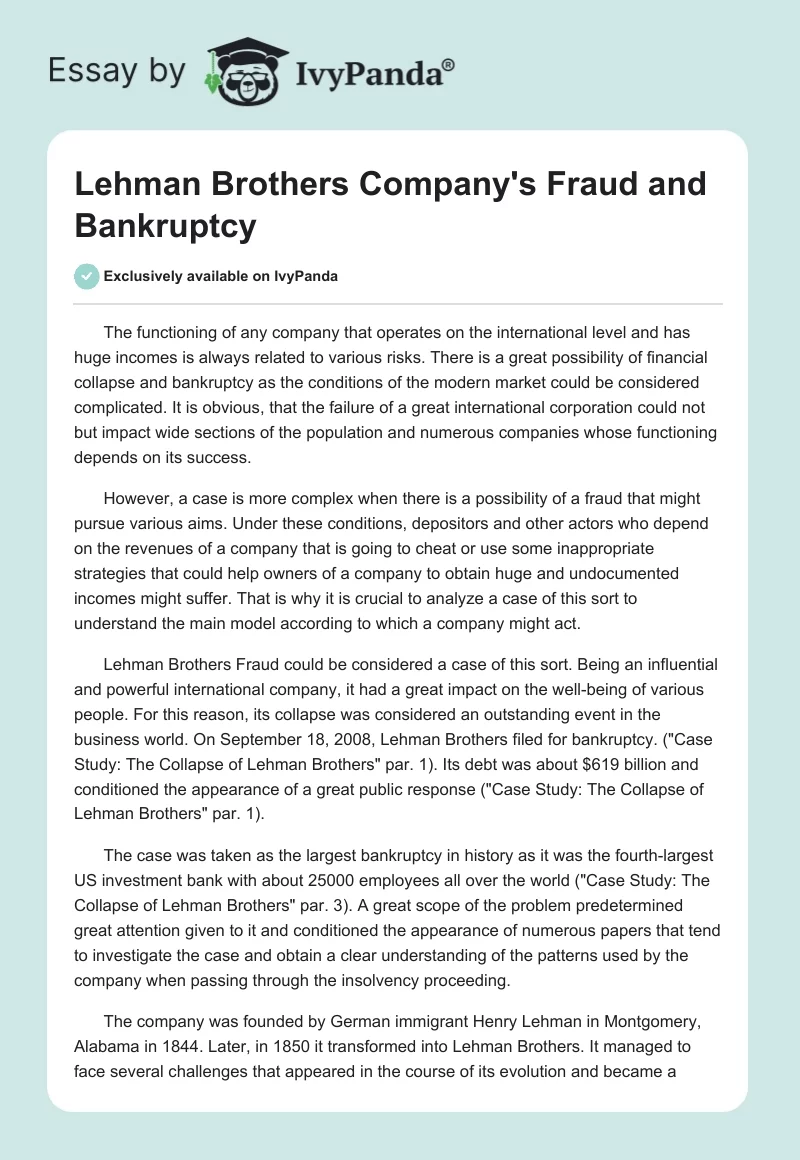 Lehman Brothers Company's Fraud and Bankruptcy. Page 1