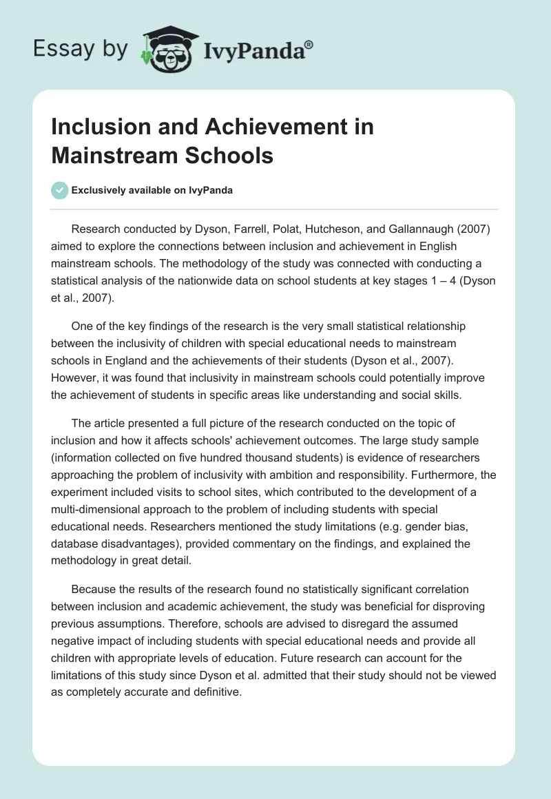 Inclusion and Achievement in Mainstream Schools. Page 1