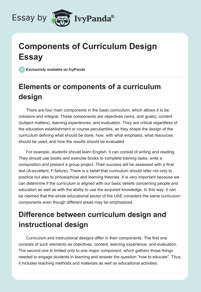 Components of Curriculum Design Essay. Page 1