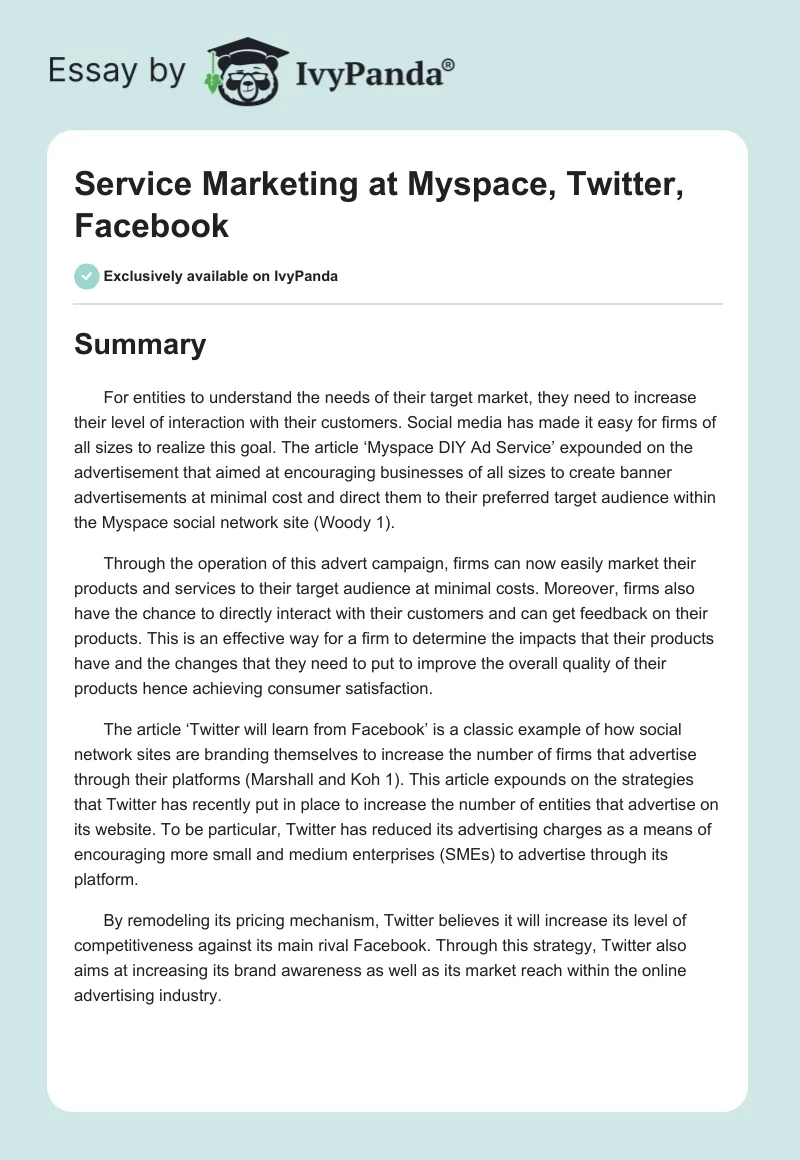 Service Marketing at Myspace, Twitter, Facebook. Page 1