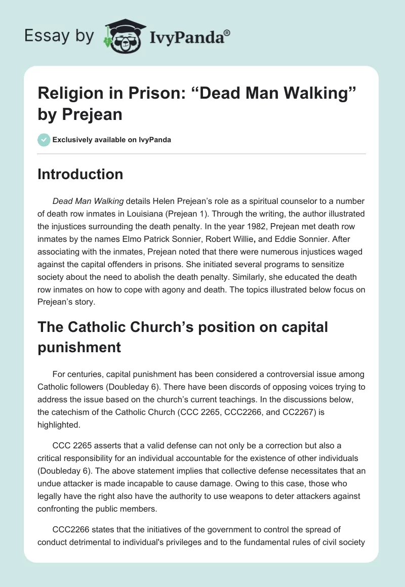 Religion in Prison: “Dead Man Walking” by Prejean. Page 1