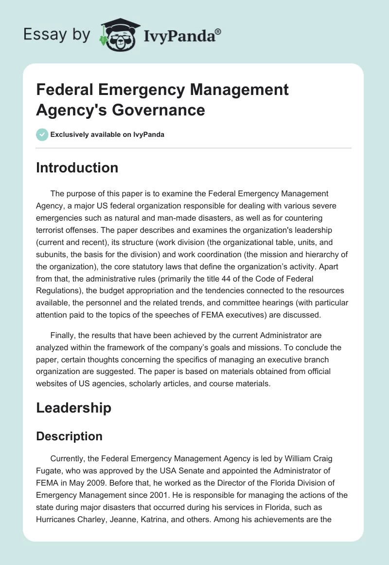 Federal Emergency Management Agency's Governance. Page 1