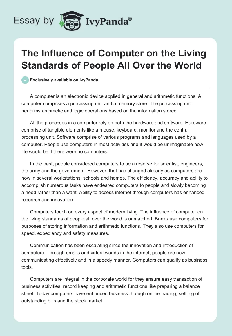 The Influence of Computer on the Living Standards of People All Over the World. Page 1