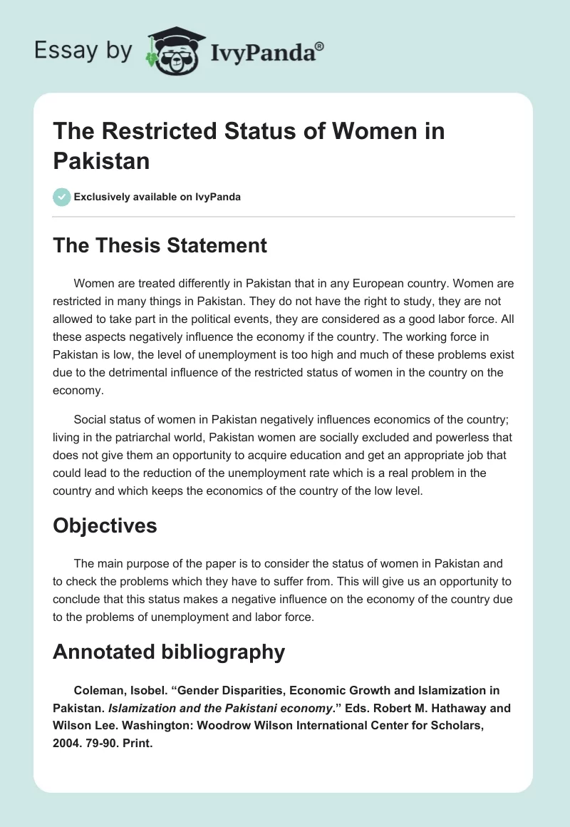 The Restricted Status of Women in Pakistan. Page 1