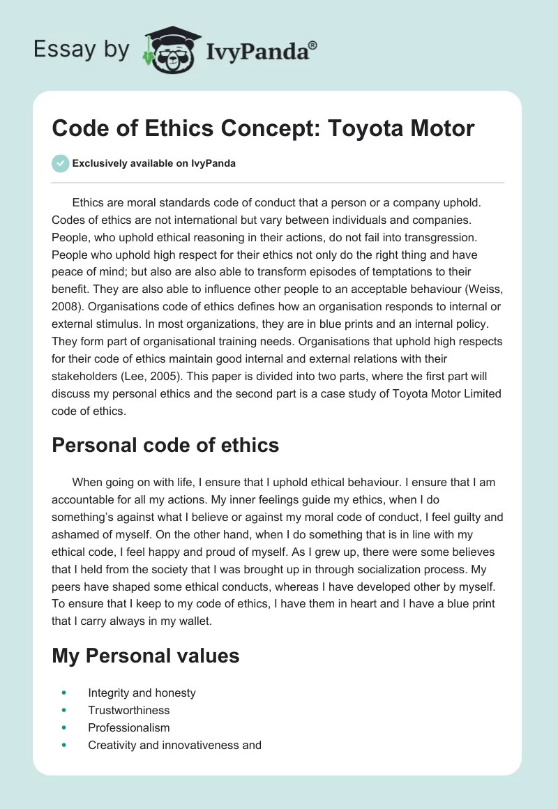 Code of Ethics Concept: Toyota Motor. Page 1