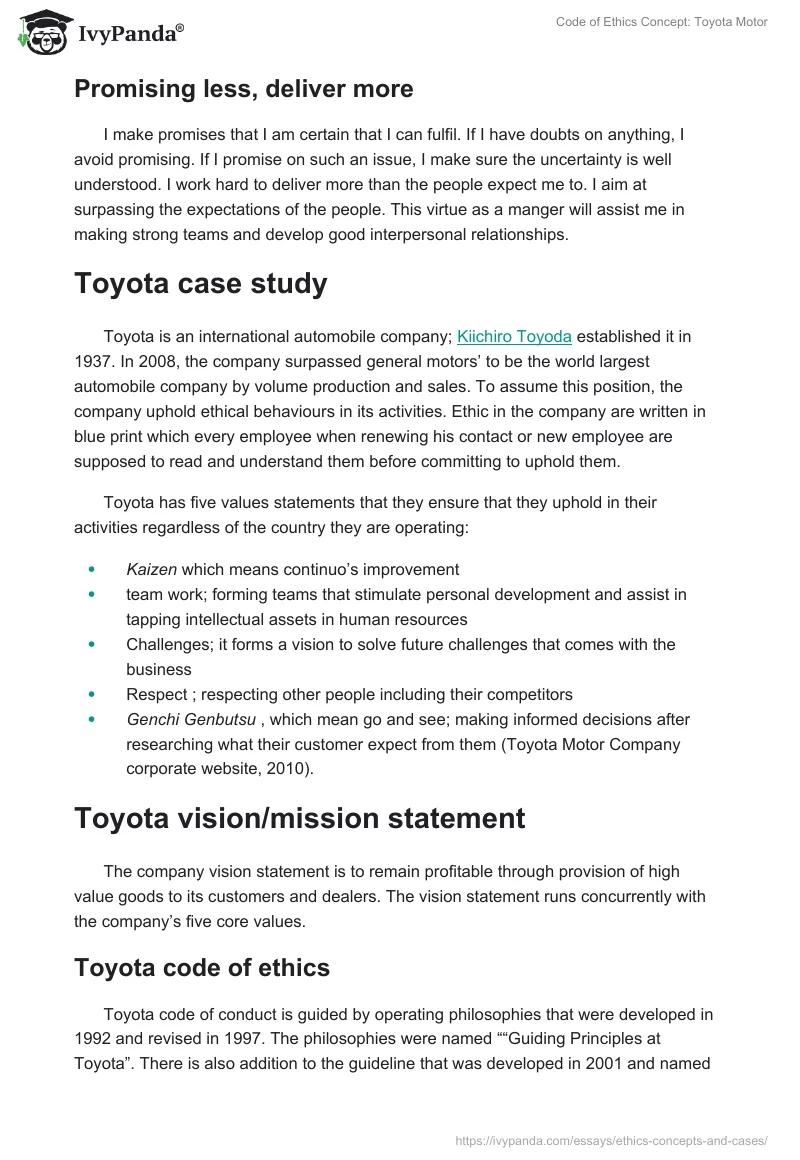 Code of Ethics Concept: Toyota Motor. Page 3